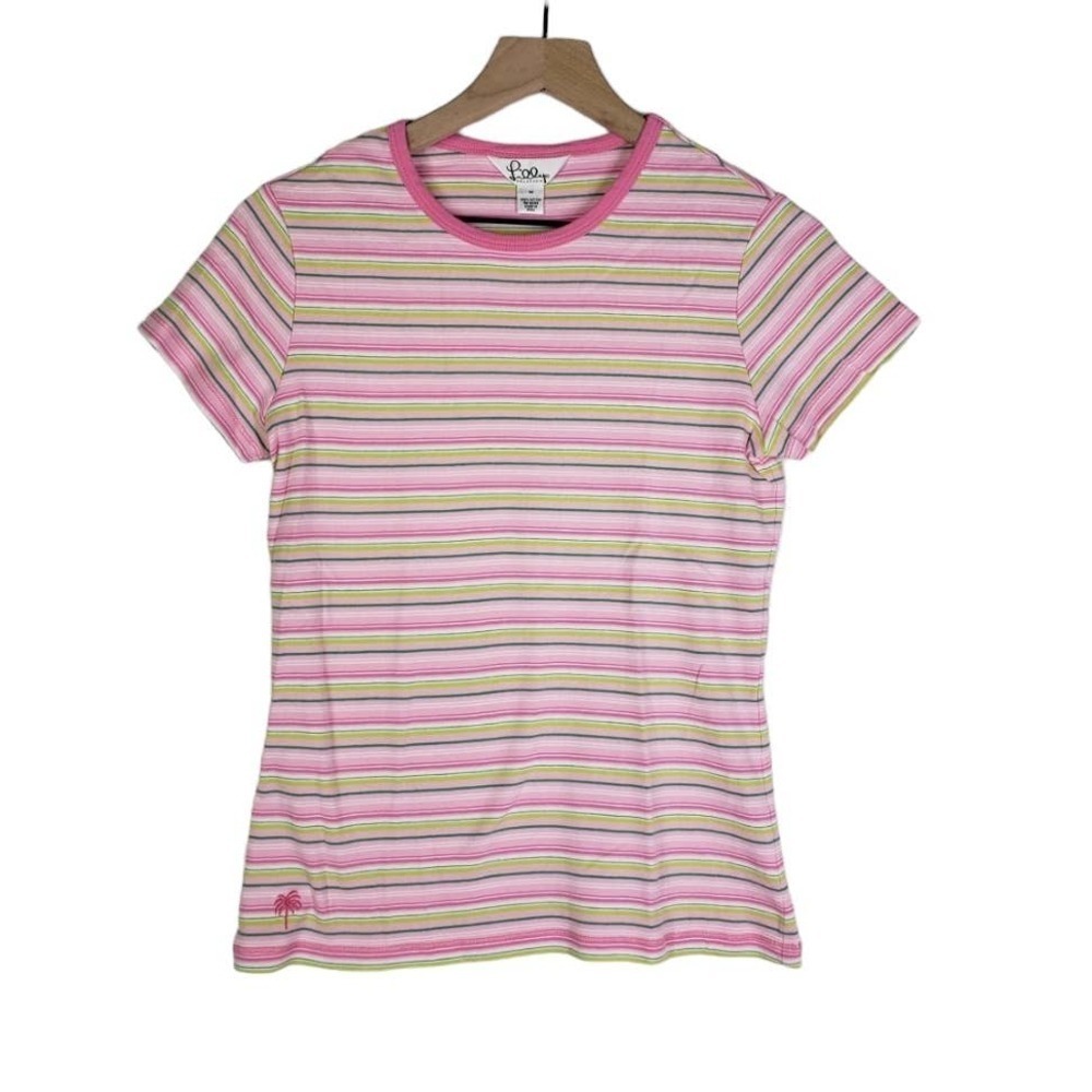 Vintage Lilly Pulitzer‎ Stripe Short Sleeve Baby Tee M Pink Green Yellow T-Shirt